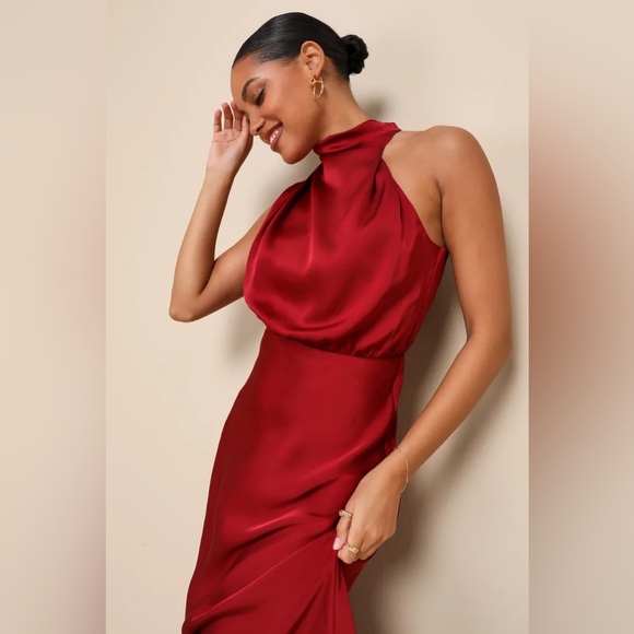 Lulus Distinctive Charm Burgundy Satin Asymmetrical Midi Dress - Picture 1 of 4